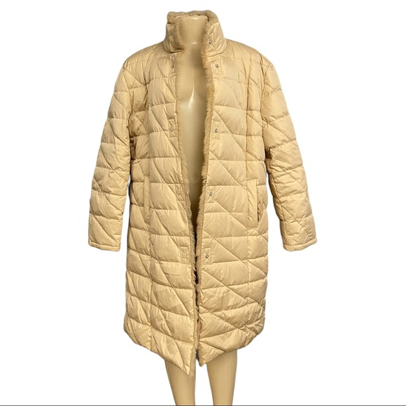 Utex Design Beige Tan Down Puffer Packable Jacket Fur Trim Long Trench Coat XL - Picture 3 of 10